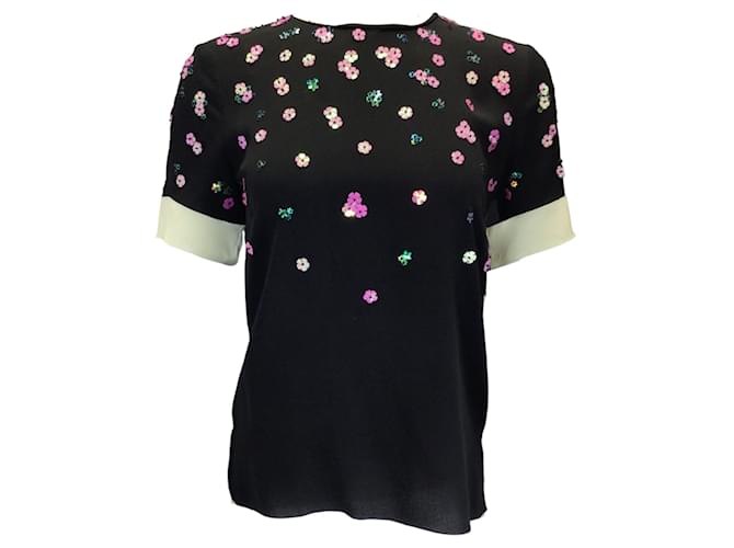 Autre Marque Andrew Gn Black Multi Floral Sequined Short Sleeved Silk Blouse  ref.1169330