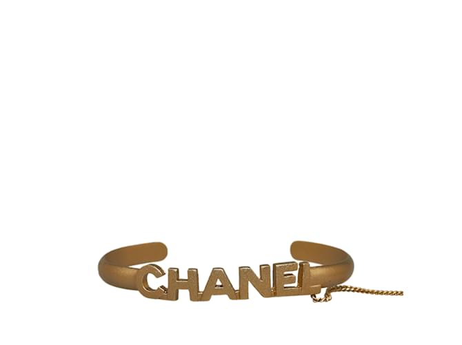 Gold Chanel Logo Bangle with Chain Attached CC Crystal Ring Costume Bracelet Golden  ref.1169418