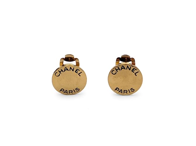 Chanel Paris Vintage Gold Metal Small Round Logo Clip On Earrings Golden  ref.1169749