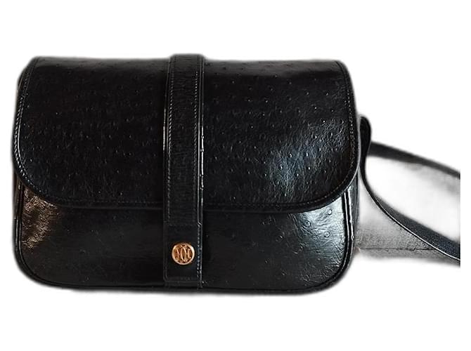 Bolso Hermès Nouméa en cuero exótico Negro Cuero de avestruz  ref.1170247
