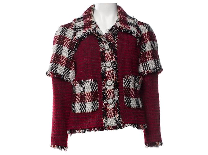 Chanel 16Una giacca con frange in tweed scozzese della sfilata FR 40 Nero Bianco Rosso Grigio Bordò  ref.1170802