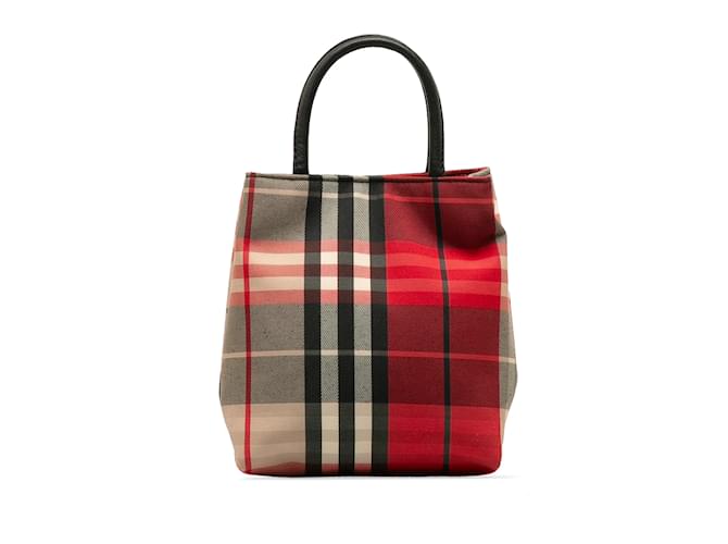 Red Burberry Plaid Canvas Handbag Leather  ref.1171099