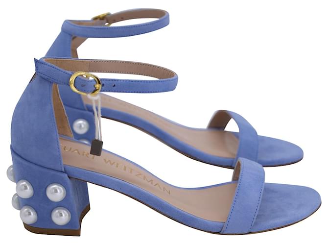 Sandálias simples com enfeites de pérolas Stuart Weitzman em camurça azul Suécia  ref.1171241
