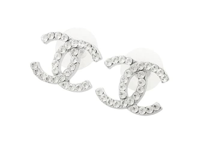 Chanel CC Rhinestone Stud Earrings 02P Silvery Silver Metal  ref.1171310