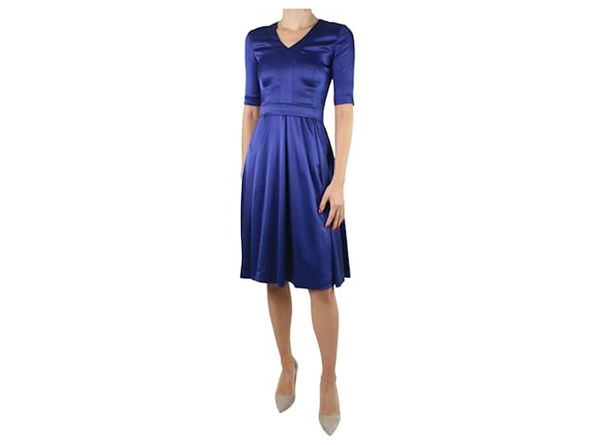 Autre Marque Blue short-sleeved silk v-neck dress with belt - size UK 6  ref.1171374