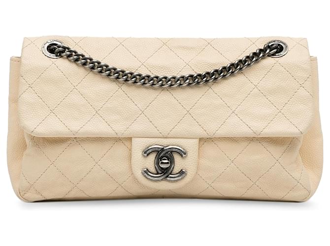 Chanel Brown CC Quilted Aged calf leather Flap Bag Beige Pony-style calfskin  ref.1171484