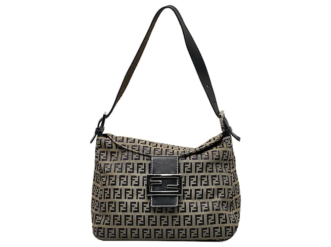 Fendi Brown Zucchino Canvas Double Flap Shoulder Bag Blue Beige Navy blue Leather Cloth Pony-style calfskin Cloth  ref.1171488