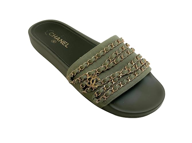 Autre Marque Chanel Olive Twill Slide Sandals with Chains Green Cloth  ref.1171694
