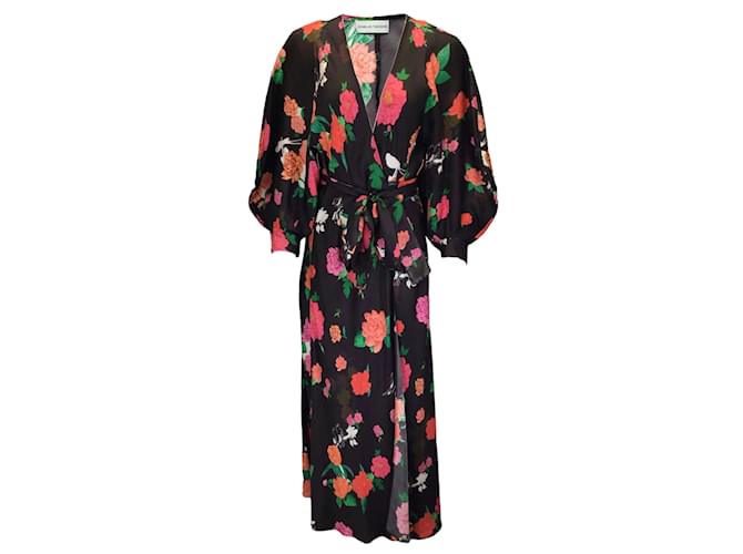 Autre Marque Scanlan Theodore Black / Pink Multi Floral Printed Long Sleeved Silk Wrap Dress Multiple colors  ref.1171701
