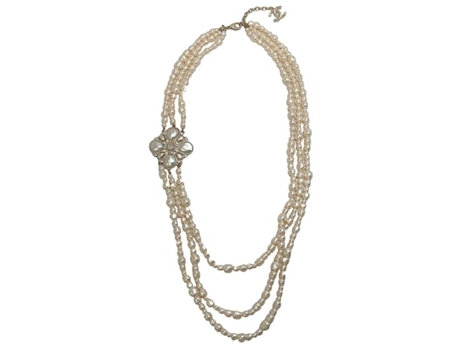 Chanel 2012 Collana a tre fili di perle e cristalli Crudo Metallo  ref.1171710