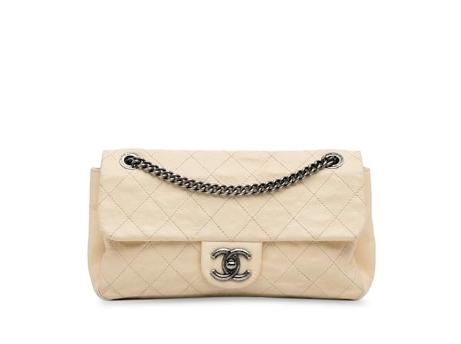 Beige Chanel CC Quilted Aged Calfskin Flap Bag Leather  ref.1171763