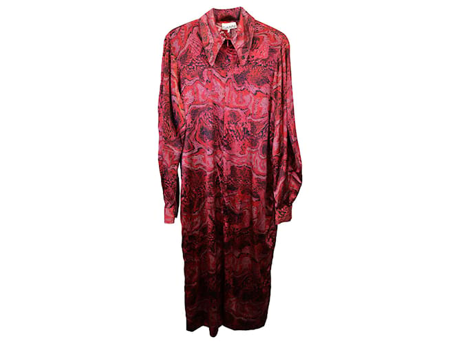 Ganni Collared Printed Midi Dress in Red Silk  ref.1171829