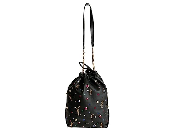 Saint Laurent Teddy Bucket shoulder bag in black leather with multicolored stones  ref.1171837