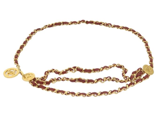 CHANEL COCO Mark Chain Belt Leather metal 33.5"" Red Gold CC Auth ar10899 Golden  ref.1171894