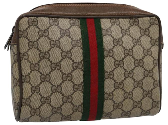 GUCCI GG Supreme Web Sherry Line Clutch Bag PVC Leather Beige Red Auth yk9652  ref.1171998