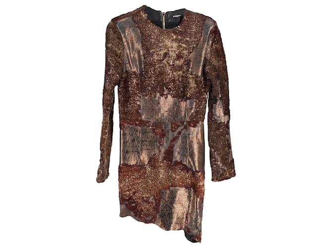 Balmain Metallic Long-Sleeve Mini Dress in Brown Leather  ref.1172090