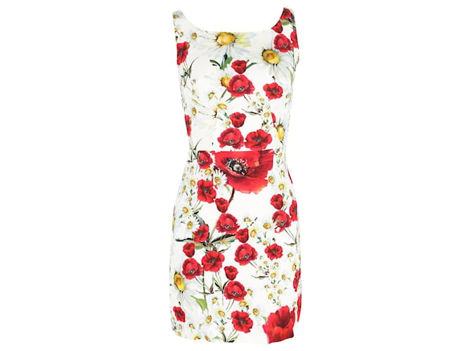 Dolce & Gabbana Mini-robe sans manches à imprimé coquelicots et marguerites en viscose à imprimé floral Fibre de cellulose Blanc  ref.1172146