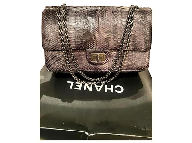 Chanel python 2.55 lined flap 227 Silver hardware Grey Leather  ref.1172231