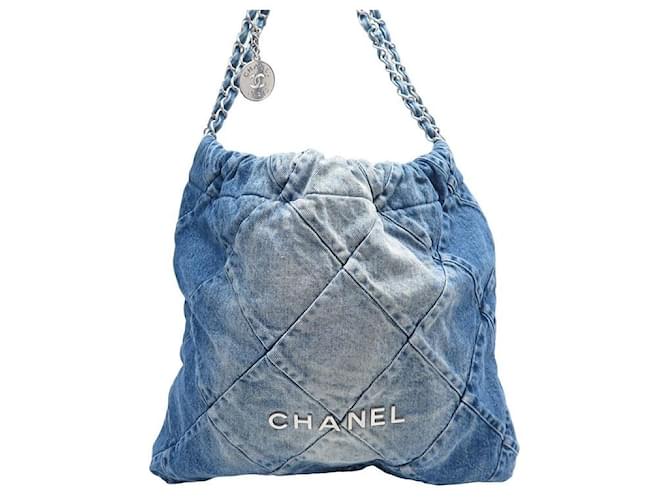 Chanel Handtasche 22 BLAUE DENIM-TRAGETASCHE, BLAUE GELDBÖRSE, HANDTASCHE, HANDTASCHE Jeans  ref.1172276