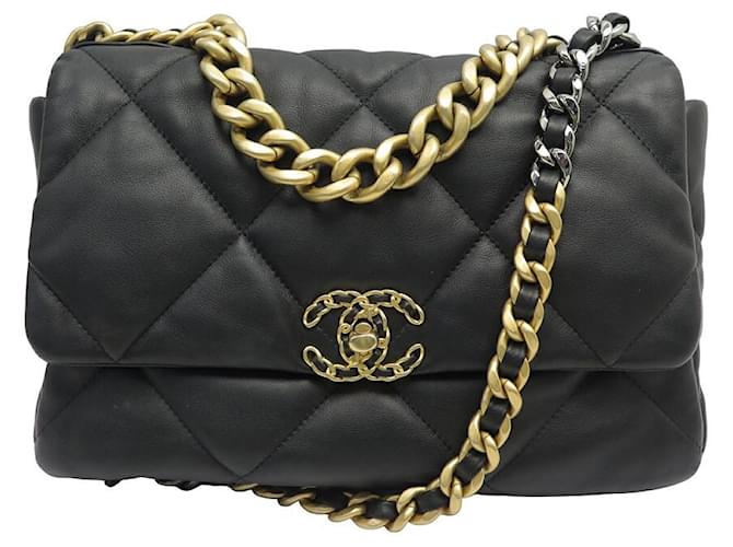 Chanel 19 CHANEL LARGE HANDBAG 19 IN BLACK LEATHER AS SHOULDER BANDOULIER1161 HAND BAG PURSE  ref.1172285