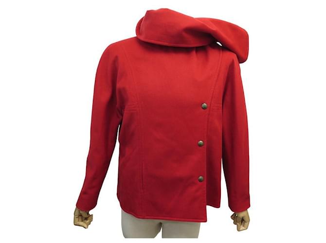 Hermès VESTE HERMES ECHARPE EN LAINE ROUGE XL 46 RED WOOL SCARF JACKET COAT  ref.1172327