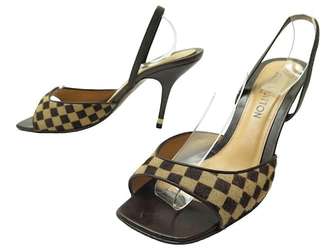 LOUIS VUITTON SHOES CHECKER PATTERN POULAIN LEATHER SANDALS 40 SHOES Brown Pony-style calfskin  ref.1172391