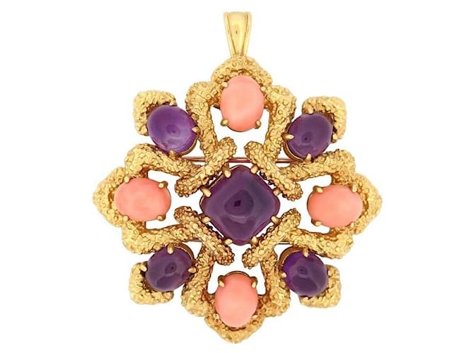 Other jewelry VAN CLEEF & ARPELS DELPHES PENDANT BROOCH 1975 GOLD CORAL & AMETHYST CABOCHONS Golden Yellow gold  ref.1172416