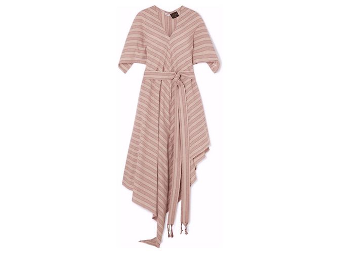 Loewe + Paula's Ibiza Vestido midi de gasa de algodón a rayas con cinturón Rosa