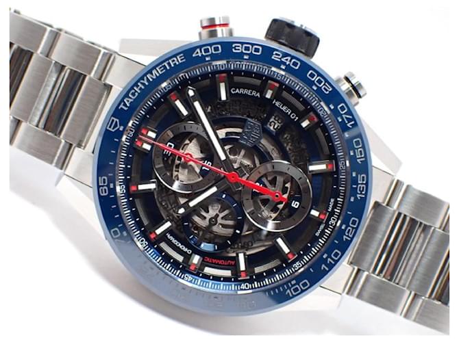 TAG HEUER Carrera Heuer01 Cronografo con lunetta in ceramica blu Merci originali da uomo Argento Acciaio  ref.1172908