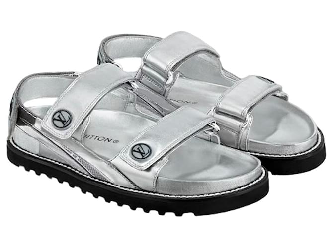 LOUIS VUITTON New silver comfort velcro sandals T39 Silvery Leather  ref.1172958