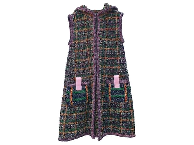 CHANEL Gilet sans manches en tricot à capuche Tweed Multicolore  ref.1173212