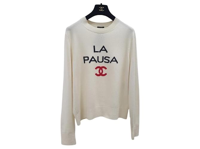 Chanel La Pausa Pullover mit Rundhalsausschnitt Weiß Kaschmir  ref.1173241