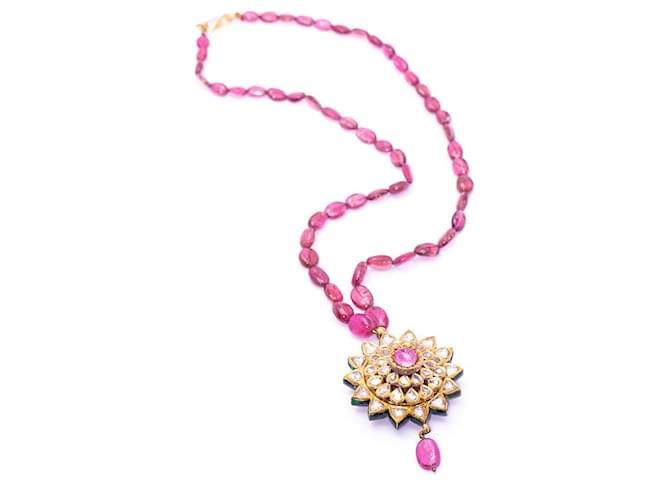 Autre Marque Rubellite and Diamonds Necklace Red Golden Yellow gold  ref.1173593