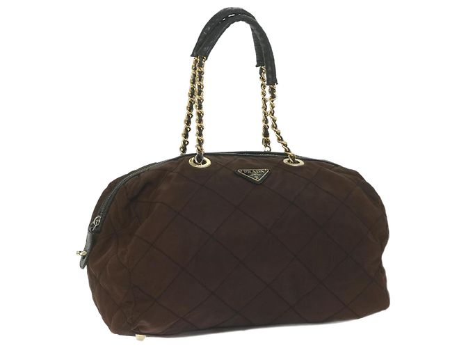 PRADA Boston Bag Nylon mit Kette Braun Gold Authentisch bs10311 Golden