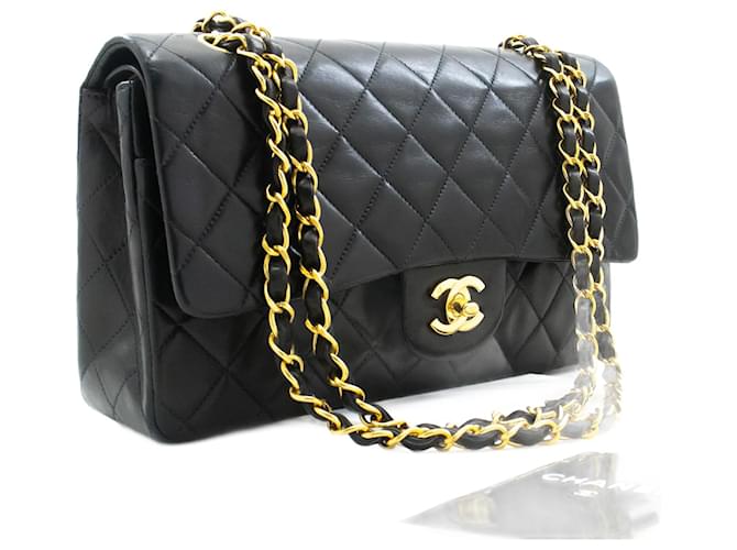 Chanel Classic gefütterte Klappe 10"Chain Shoulder Bag Black Lambskin Schwarz Leder  ref.1174131