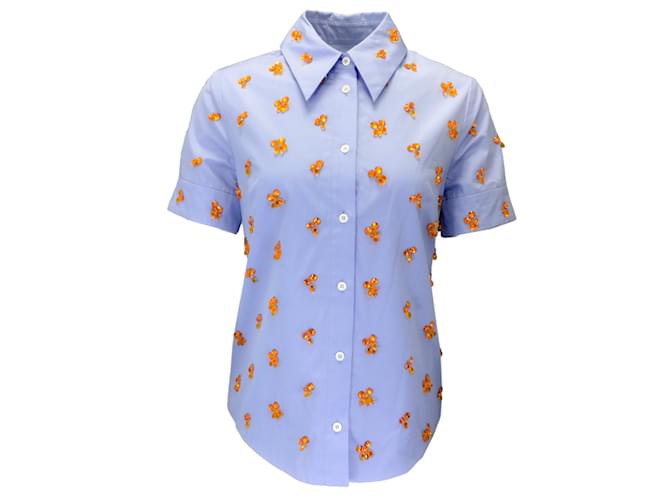 Autre Marque Duncan Azul / Camisa de algodão com botões de manga curta embelezada laranja  ref.1174396