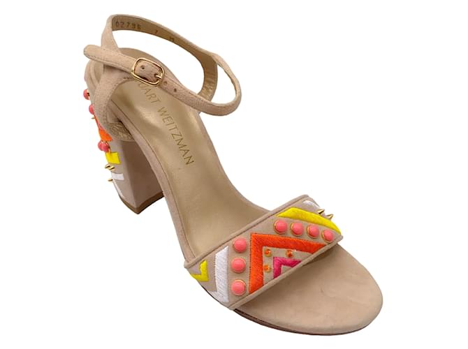 Autre Marque Stuart Weitzman Beige Multi Embellished Suede Ankle Strap Sandals Multiple colors  ref.1174410