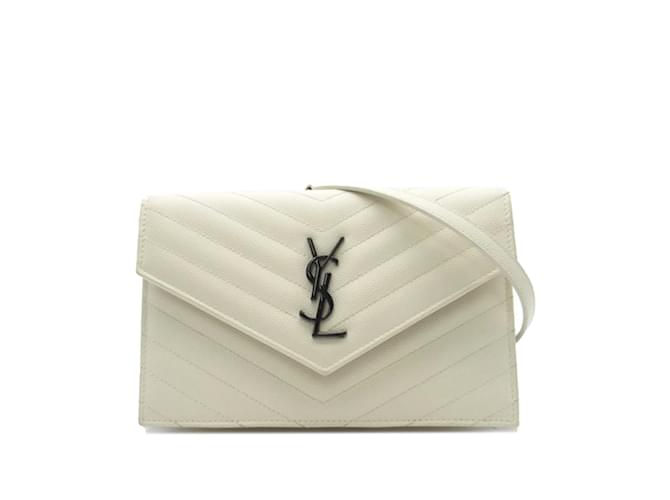 White Saint Laurent Grain De Poudre Cassandre Envelope Wallet on Chain Crossbody Bag Leather  ref.1174530