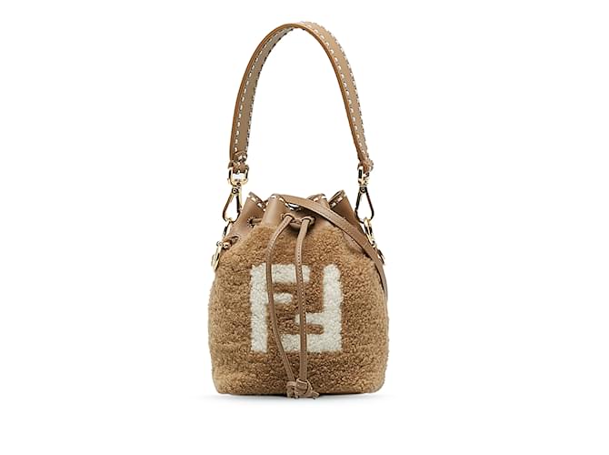 Tan Fendi Shearling Mini Mon Tresor Bucket Bag Camel Leather  ref.1174582