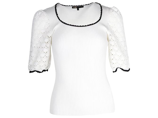 Maje Menta Crochet Sleeve Rib-Knit Top in White Viscose Cellulose fibre  ref.1174785
