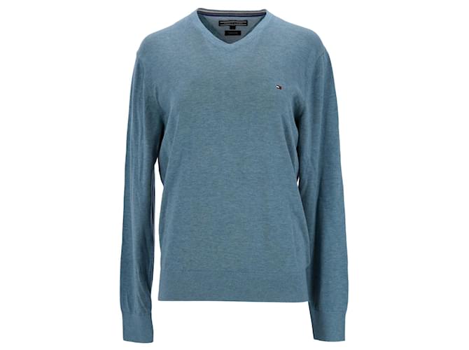 Tommy Hilfiger Luxuriöser Herren-Pullover aus Baumwolle mit V-Ausschnitt Blau  ref.1175199