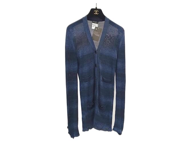 Chanel Navy gestreifter Strick-Cardigan Blau Viskose  ref.1175314