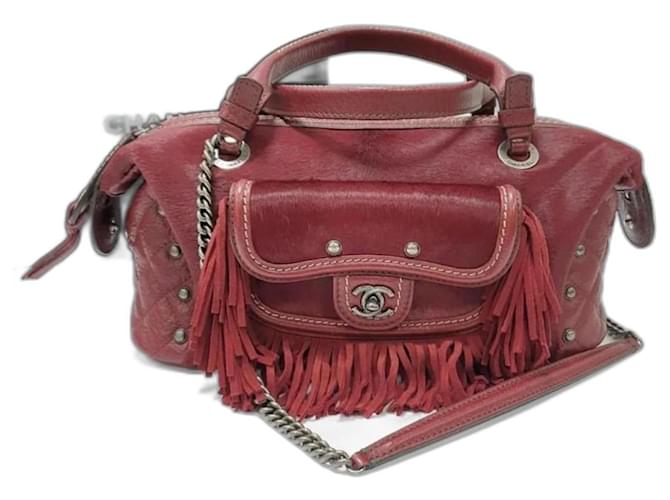 Chanel Burgundy Pony Hair and Leather Fringe Paris-Dallas Bowling Bag Dark red  ref.1175328