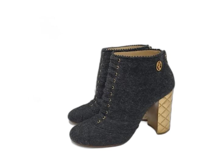 CHANEL Paris-Salzburg Grey Wool Quilted Gold Heeled Ankle Boots Dark grey  ref.1175334
