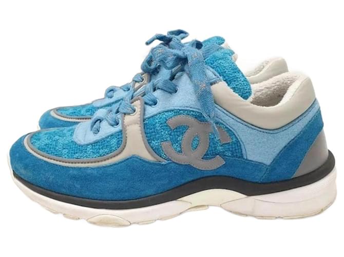 Chanel Turquoise Suede Reflective CC Logo Lace Up Sneakers Blue  ref.1175336
