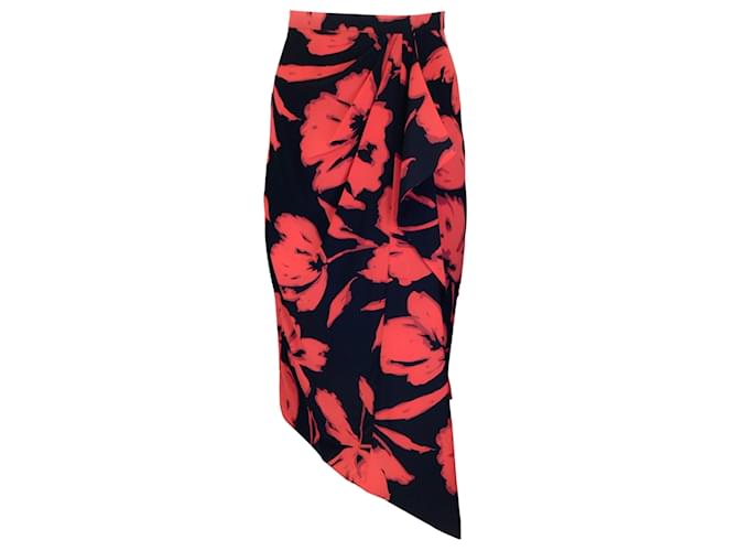 Autre Marque Michael Kors Collection Black / Red Poppy Print Draped Silk Midi Skirt  ref.1175799