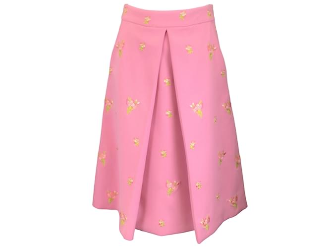 Moschino Couture Pink / green 2020 Floral Embroidered A-Line Crepe Midi Skirt Polyester  ref.1175803