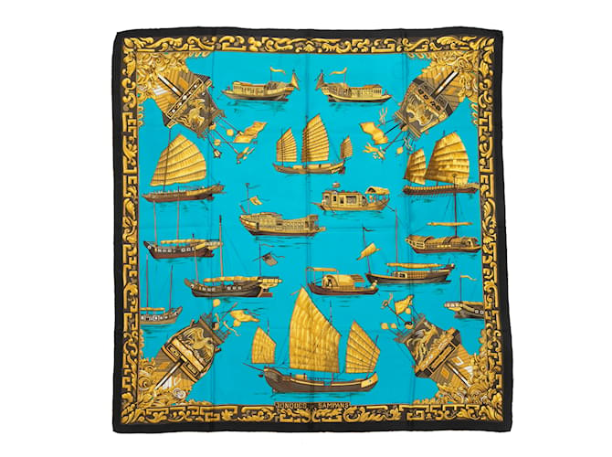 Hermès Lenço de seda estampado com motivo Hermes Jonques et Sampans azul-petróleo e dourado  ref.1175877