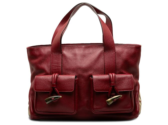 Burberry-Einkaufstasche aus rotem Horn-Leder mit Knebelverschluss Beige Leinwand  ref.1176170
