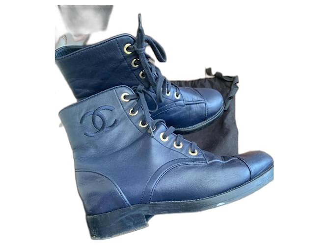 Chanel lace-up leather ankle boot 37 Navy blue  ref.1176194